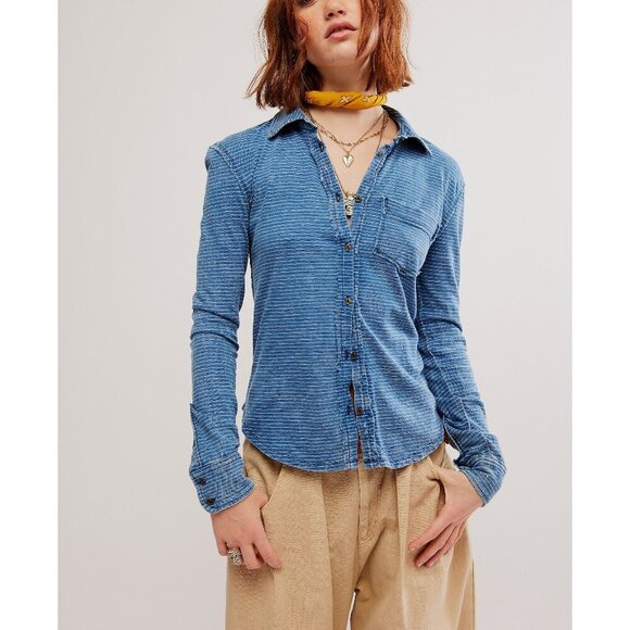 Free People Tops - 🆕 FREE PEOPLE Blue Blue Shirting / Indigo Combo $98 RETAIL!